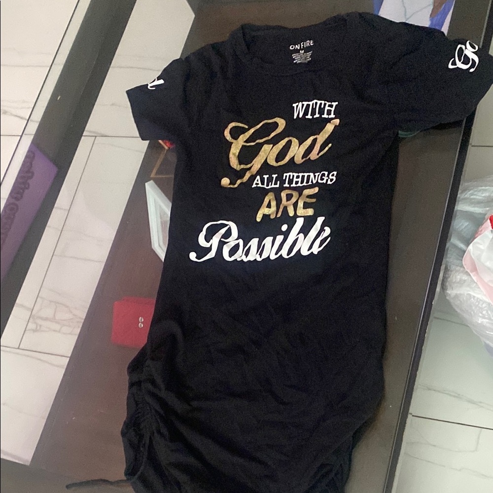 Black Graphic T-Shirt with Gold and White Text